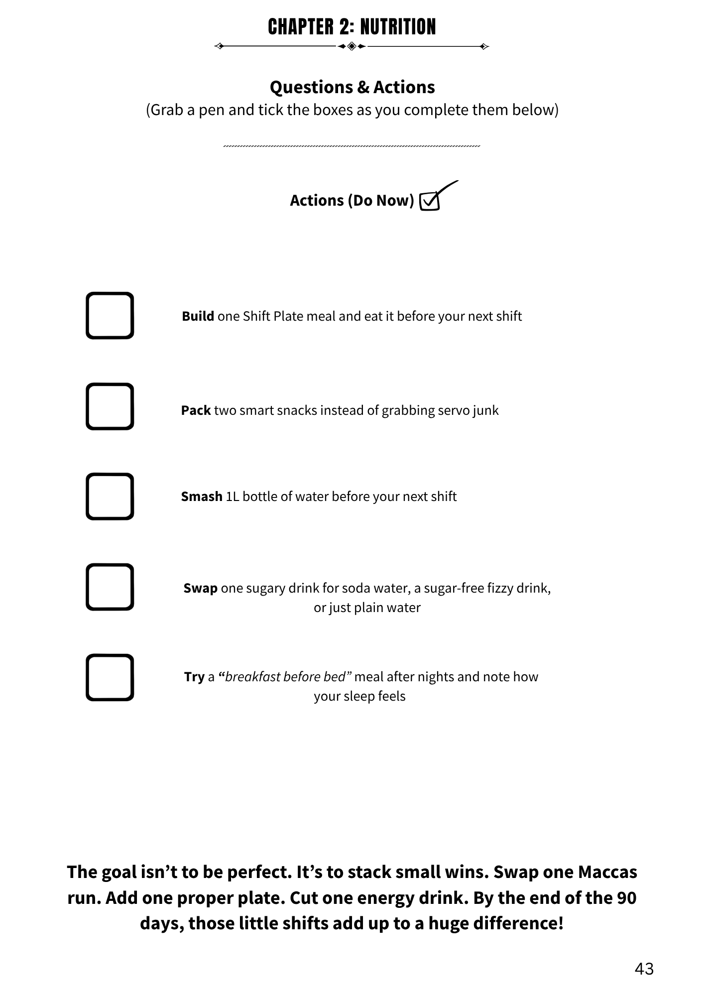 Shift90 Playbook Chapter 2 Nutrition actions checklist page